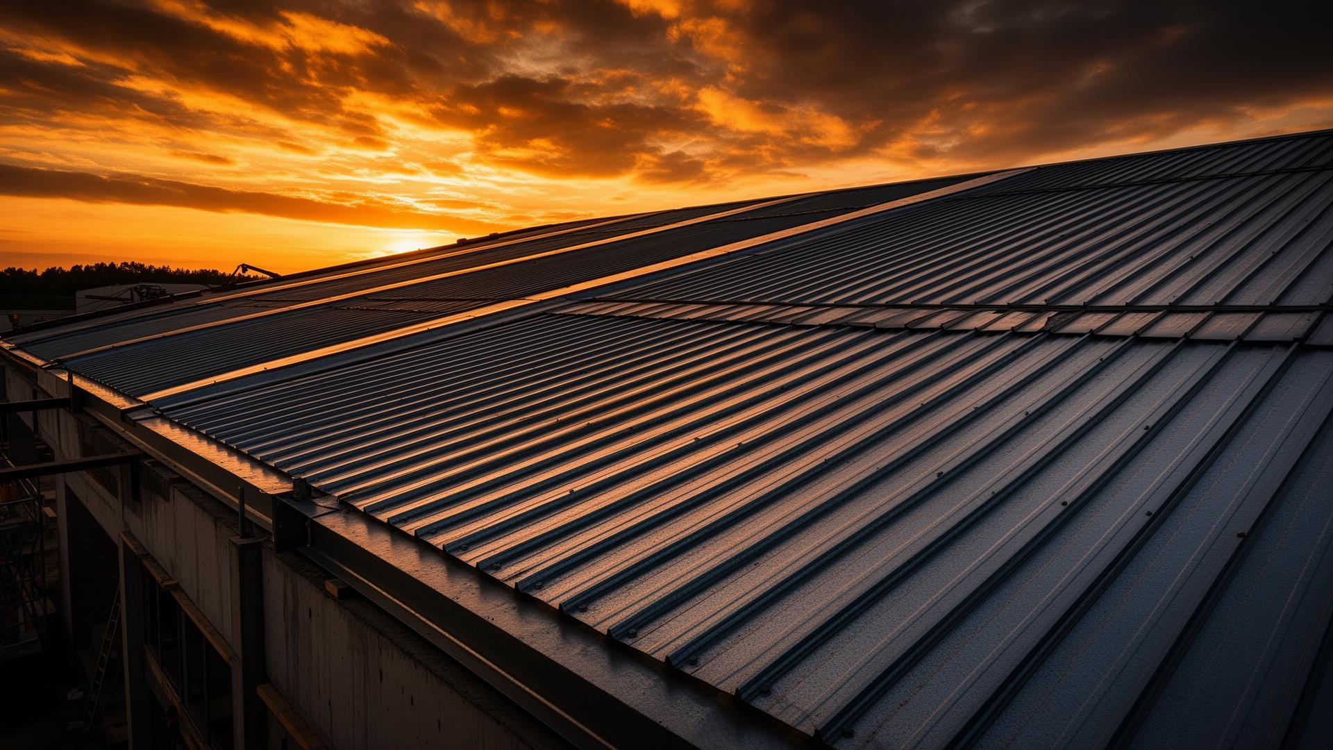 Cobertura industrial em telhas metálicas ao entardecer
